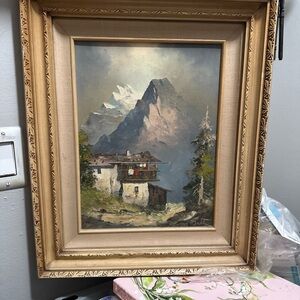 Framed Mountain Landscape Painting with Wooden Frame